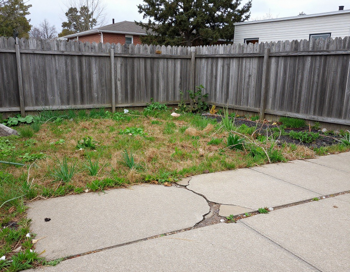 Original neglected courtyard with broken concrete and deteriorated boundary