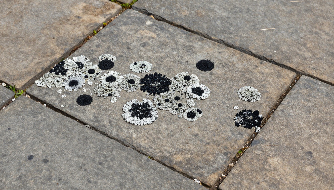 Weathered natural Indian sandstone slabs covered with black spot lichen colonies