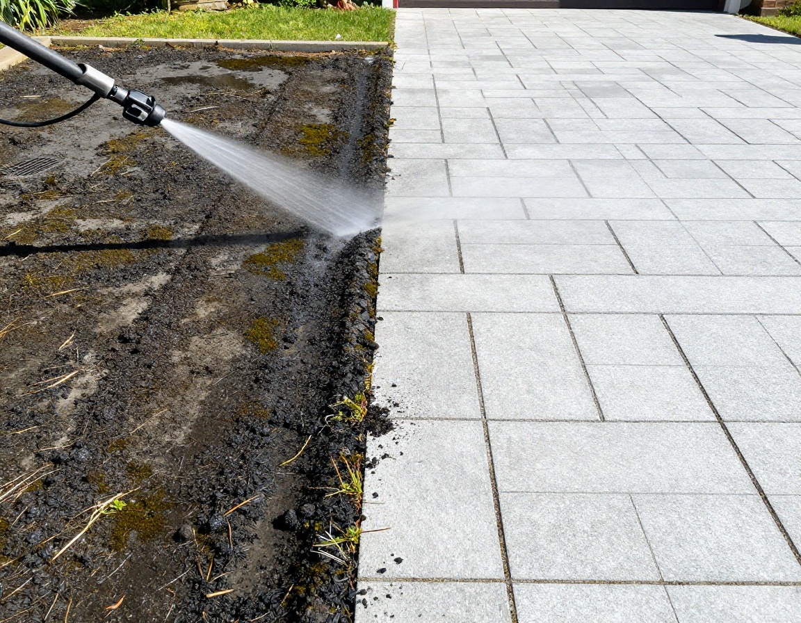 Driveway half cleaned showing stark contrast between dirty weathered paving and restored bright stone