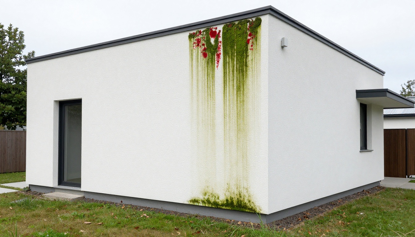 Modern white render wall covered in red algae staining prior to chemical softwash