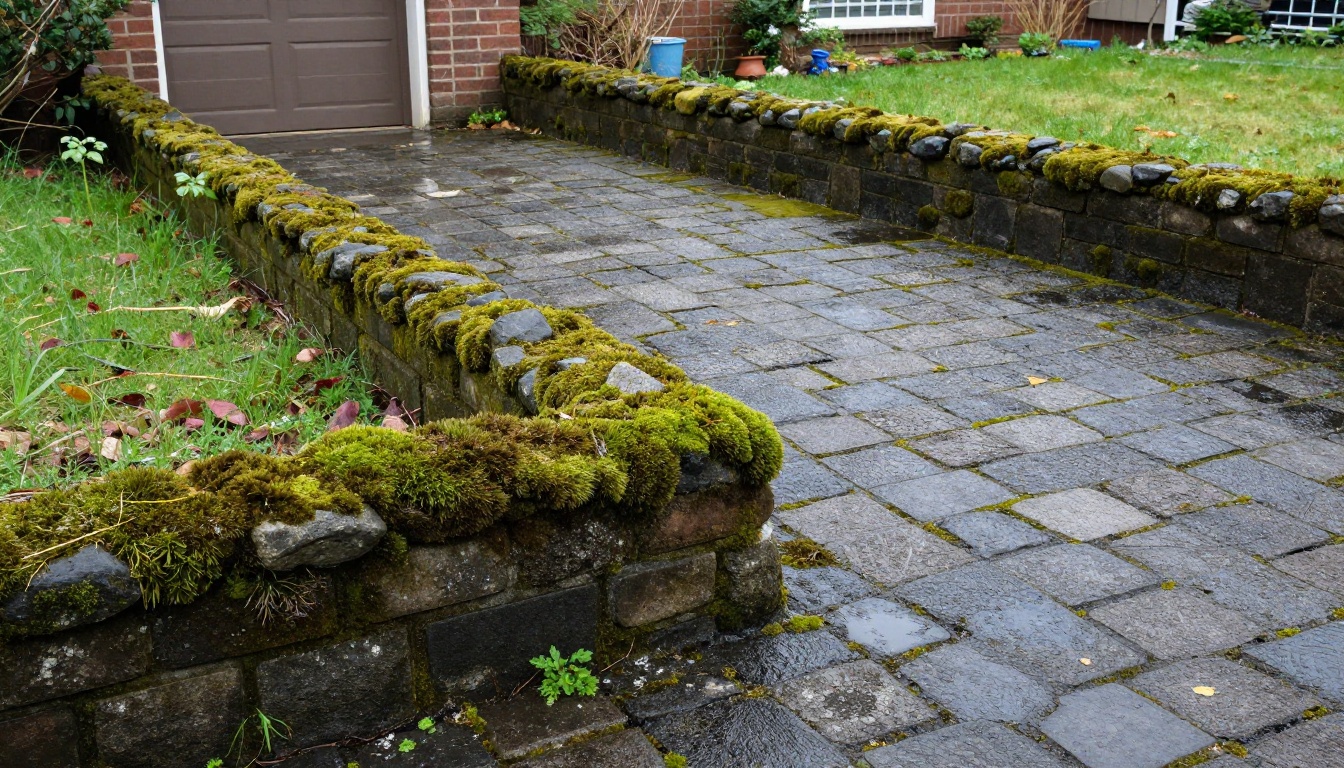 Block paving driveway infested with moss and black spot lichen prior to cleaning