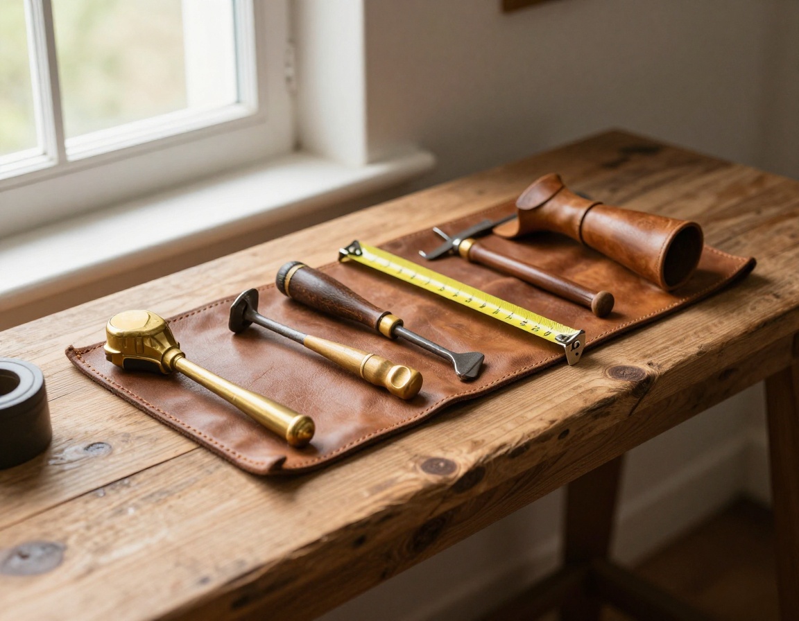 Handyman leather tool roll and brass hand tools on a wooden workbench