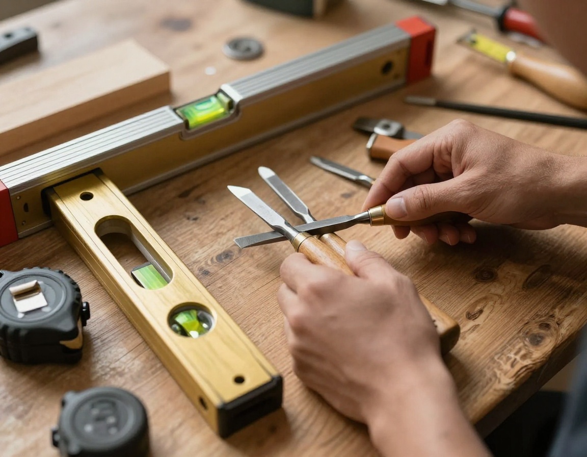 Handyman tool roll and spirit level on workbench