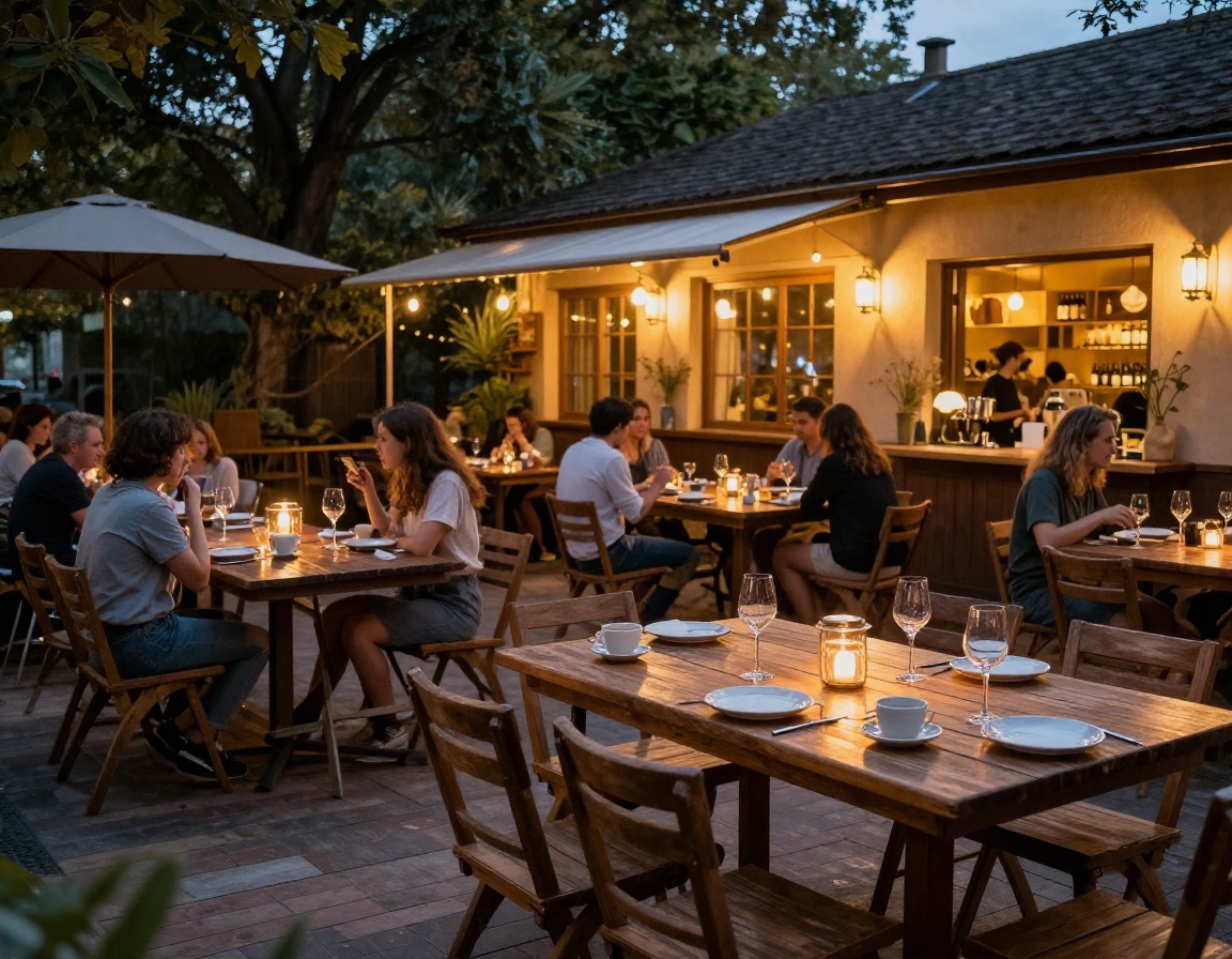 Warm glowing cafe interior and garden patio set up for evening private gathering