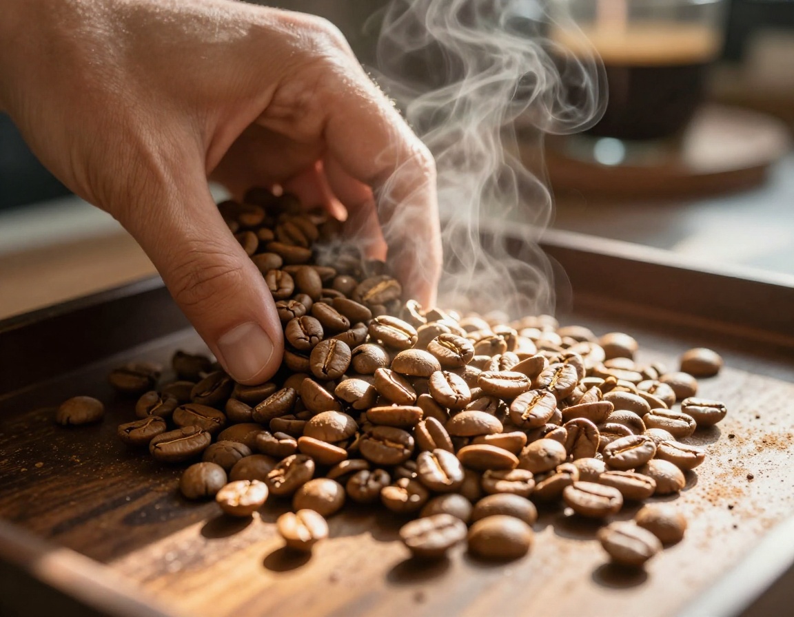 Freshly roasted specialty coffee beans cooling in small-batch roastery
