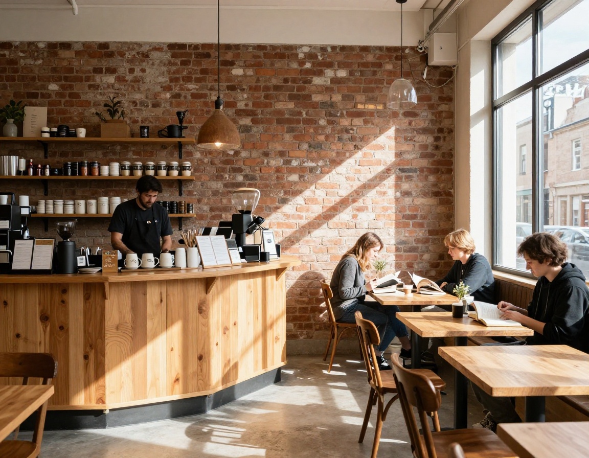 Warm morning sunlit cafe interior at Ember & Oak