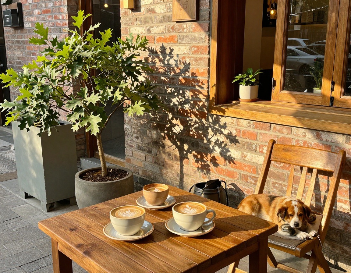 Sunny outdoor patio at Ember & Oak Coffee