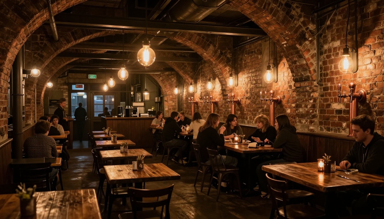 Hollow Stack Brewery taproom under evening tungsten lighting