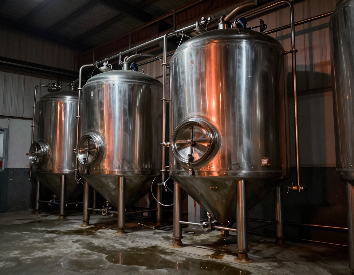Stainless steel fermentation tanks inside Hollow Stack brewery