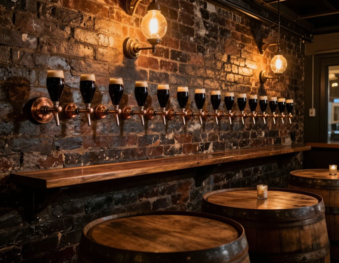 Hollow Stack Brewing taproom bar with copper draft taps and oak casks