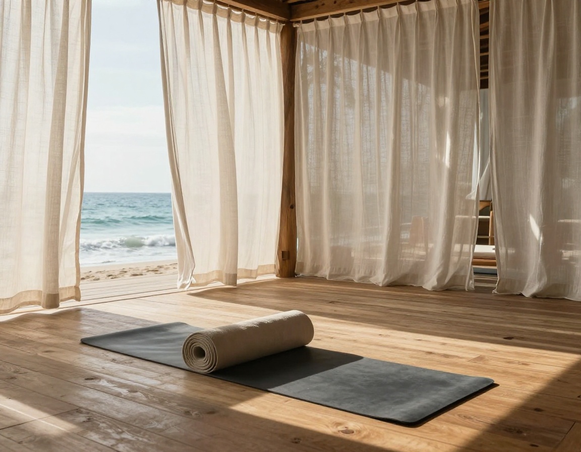 Sunlit minimalist yoga studio corner with rolled mat and soft morning light