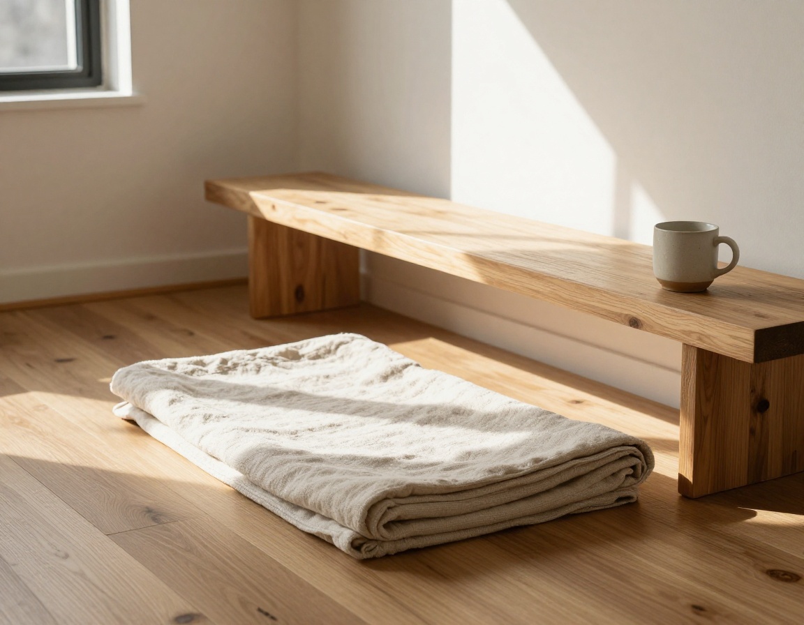 Sunlit corner of Still Harbor Yoga studio with fresh mats and warm tea