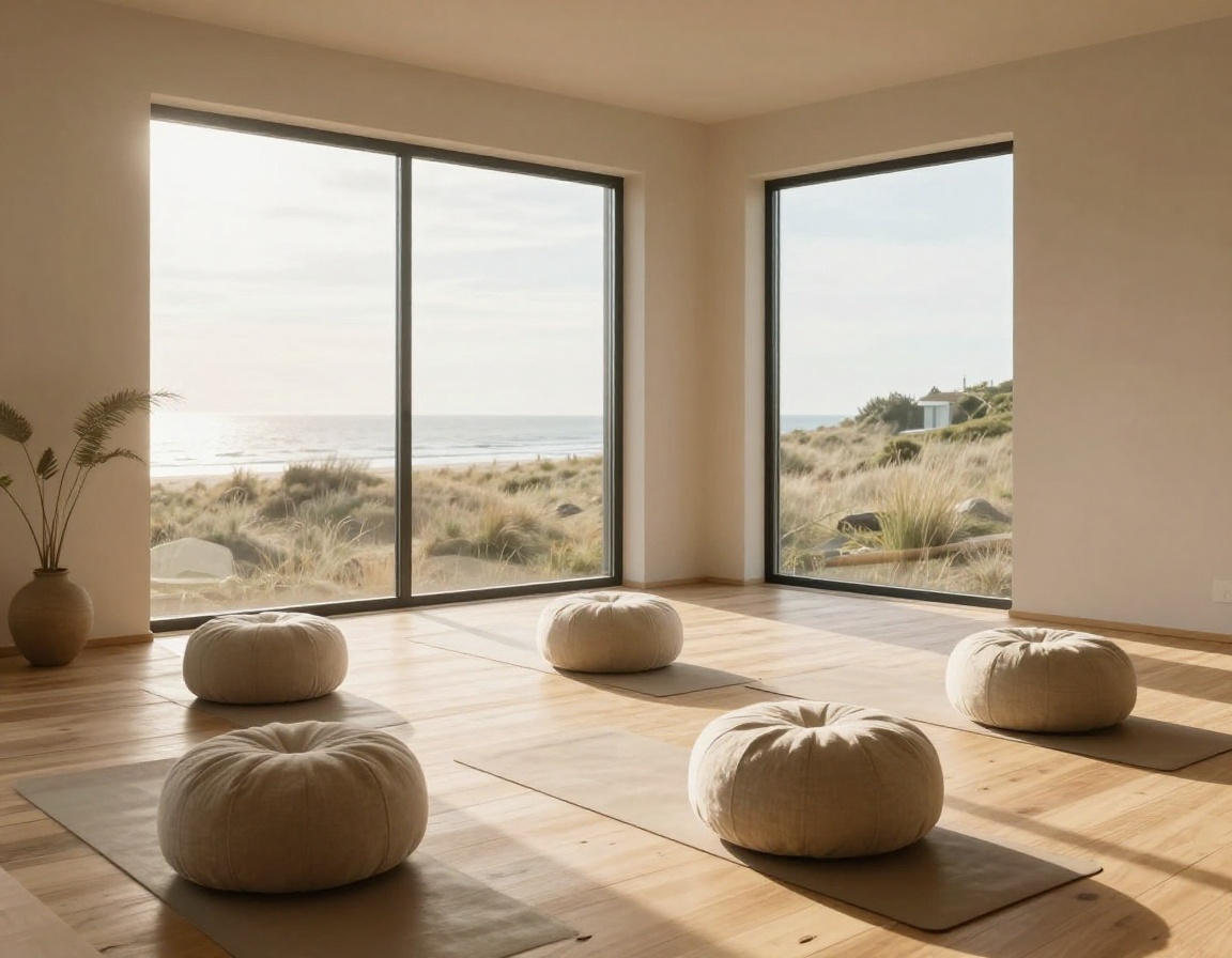 Sunlit Still Harbor yoga studio with oceanfront view