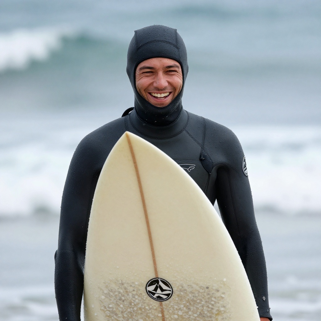 Smiling surfer in warm hooded winter wetsuit holding surf gear