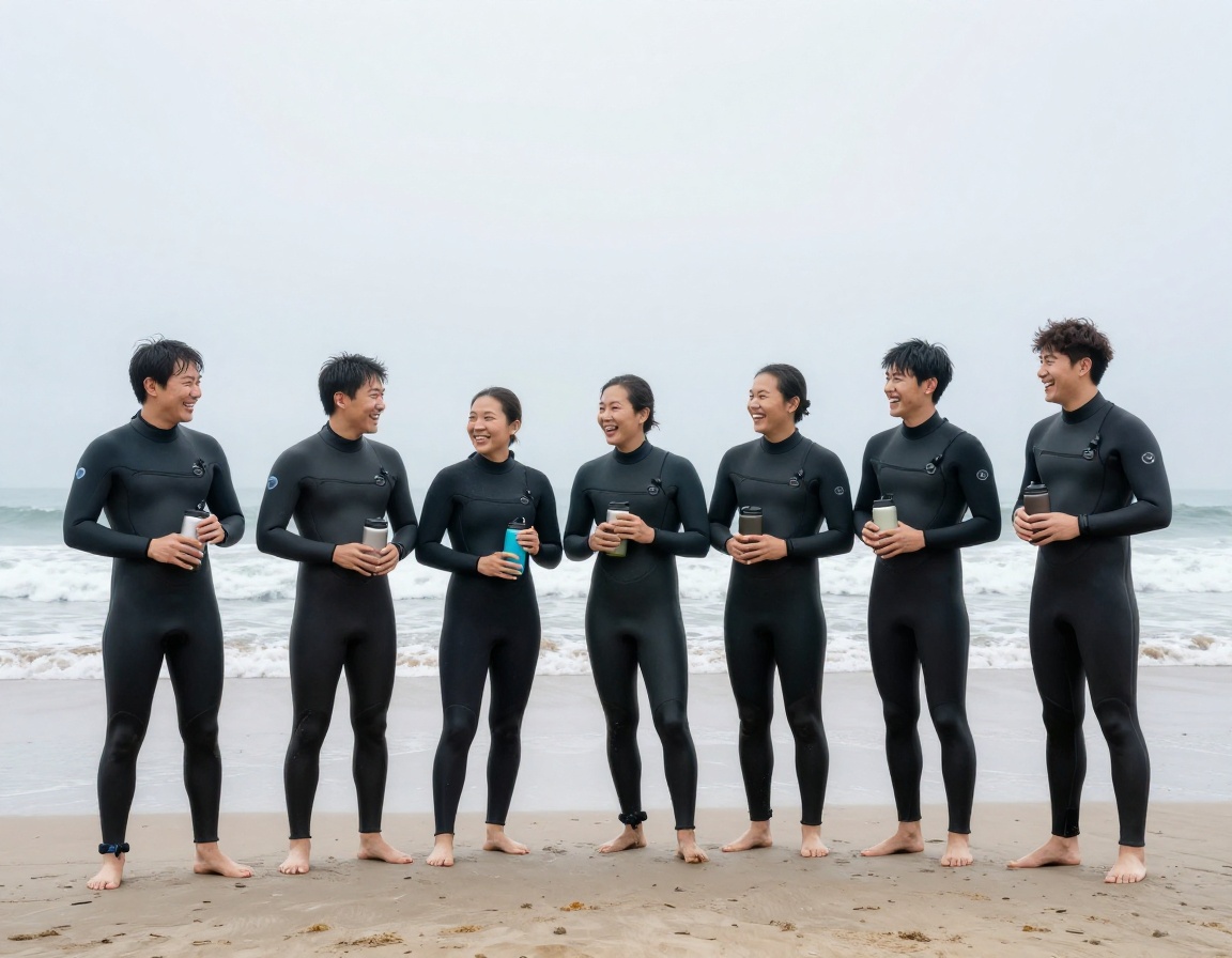 Corporate team surf debrief on the shoreline