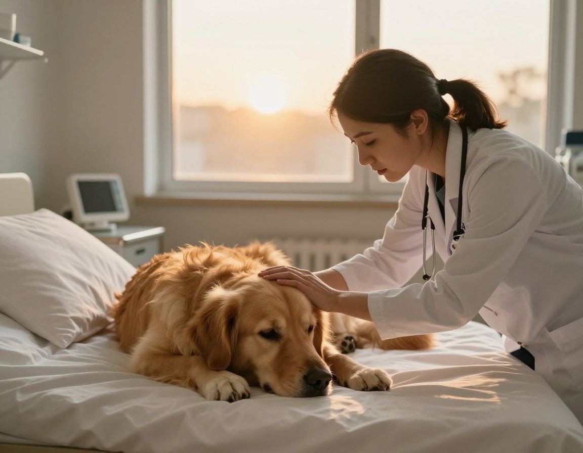 Veterinarian comforting a calm golden retriever in a sunlit clinic room