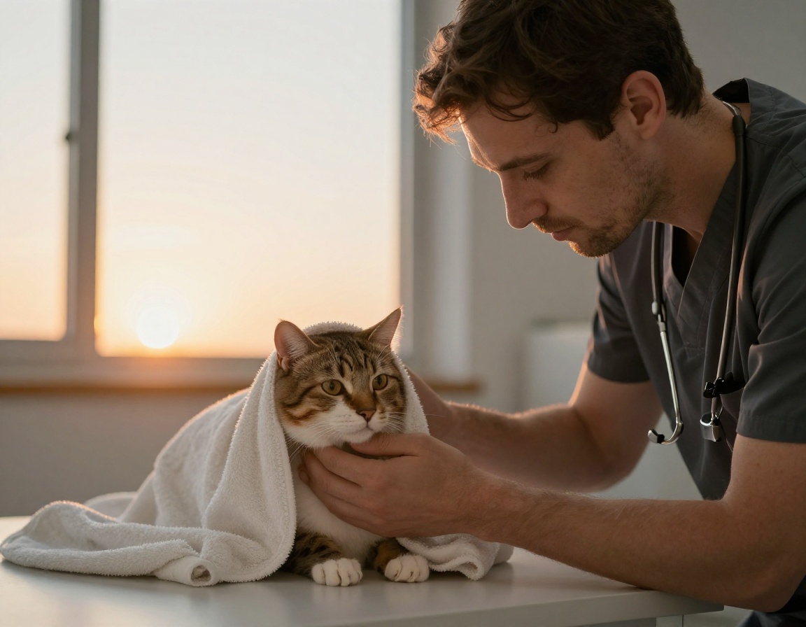 Dr. Marcus Thorne carefully examining a tabby cat