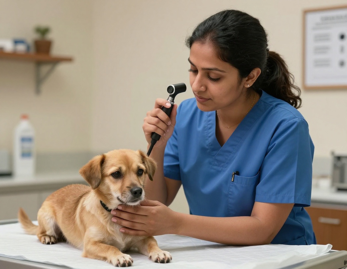 Dr. Anya Patel gently petting a rescue dog during a wellness exam