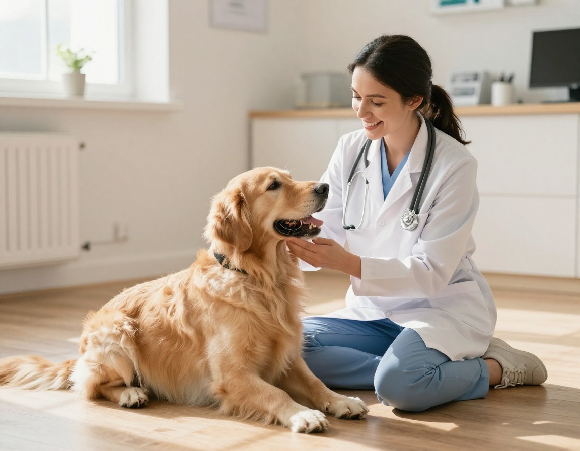 Veterinarian calmly greeting a pet on the exam room floor