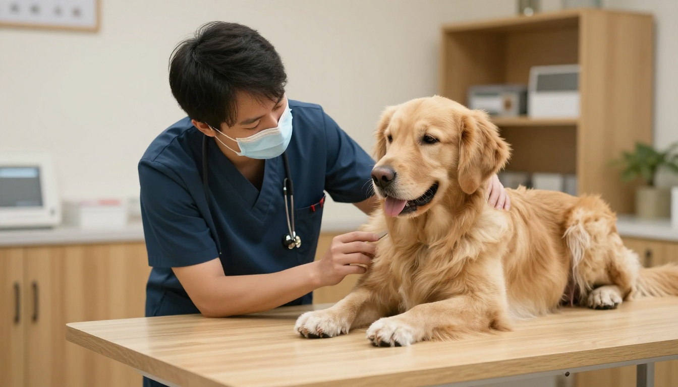 Veterinarian performing urgent check on calm golden retriever