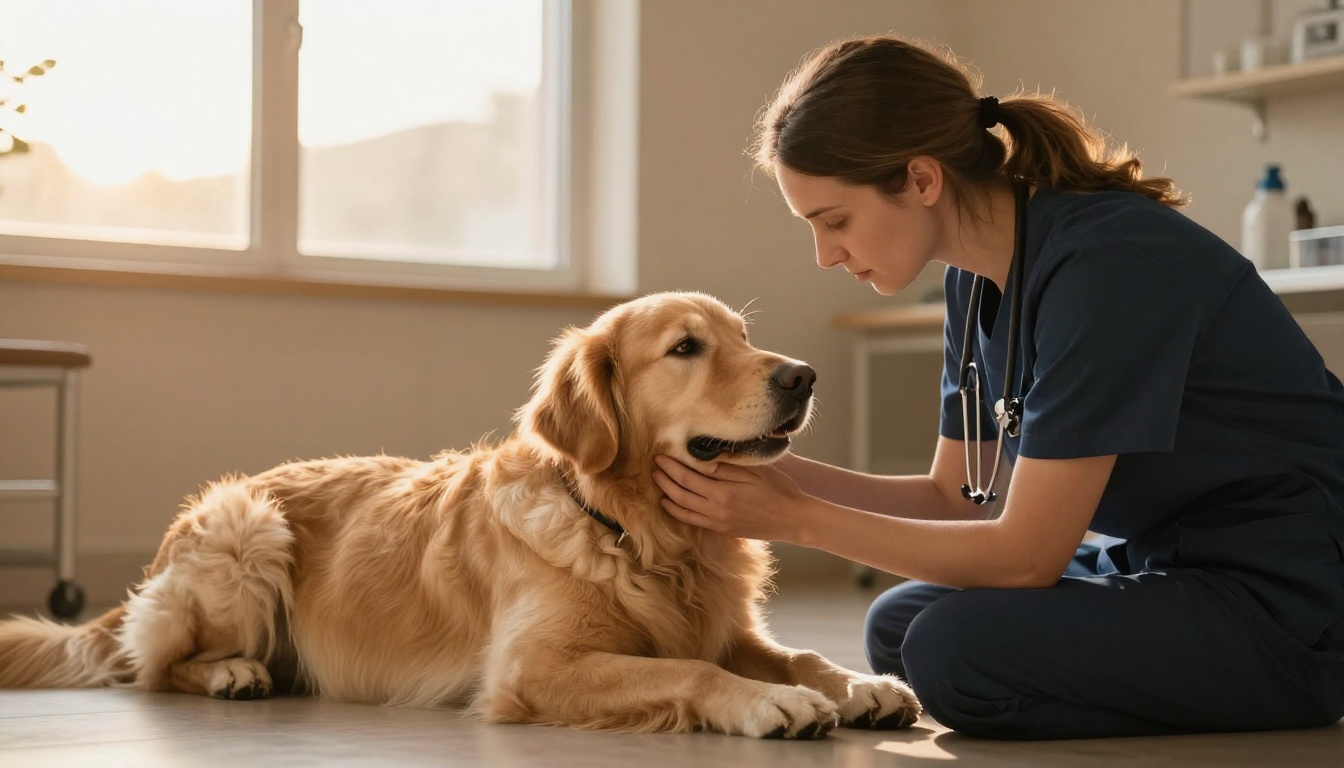 Veterinarian gently comforting a golden retriever in a warm, welcoming clinic room