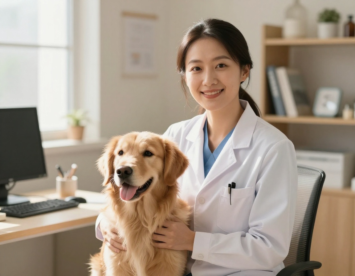 Dr. Eleanor Vance gently smiling with a golden retriever
