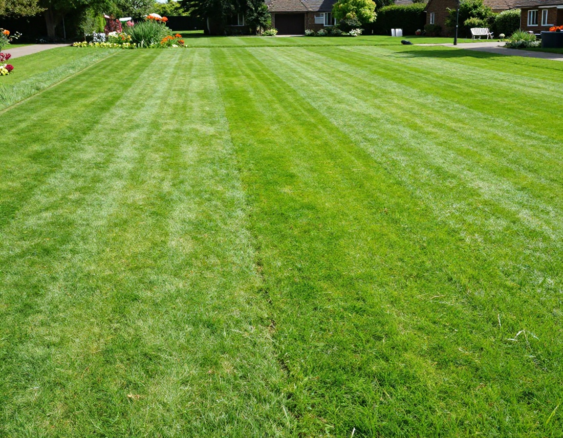 Pristine lawn with crisp mowing stripes in sunlight