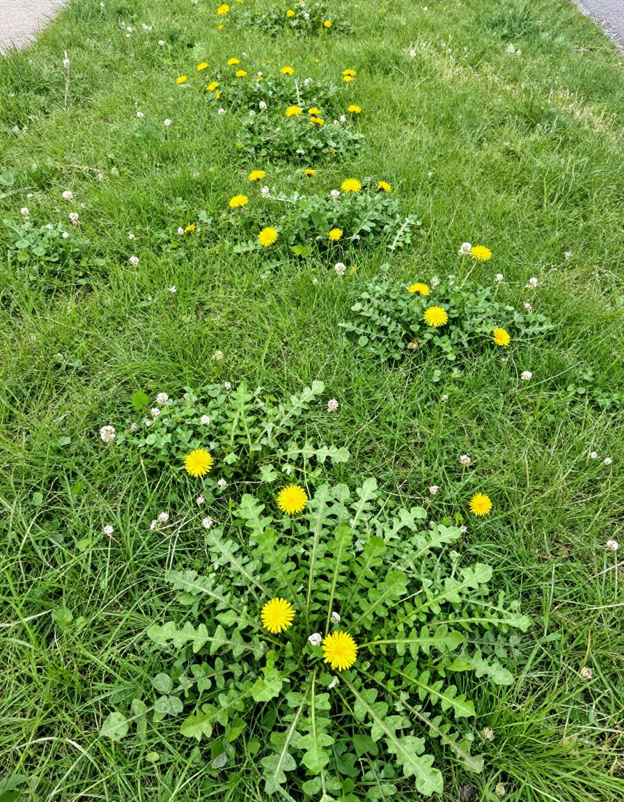 Lawn overrun with broadleaf weeds and clover before service