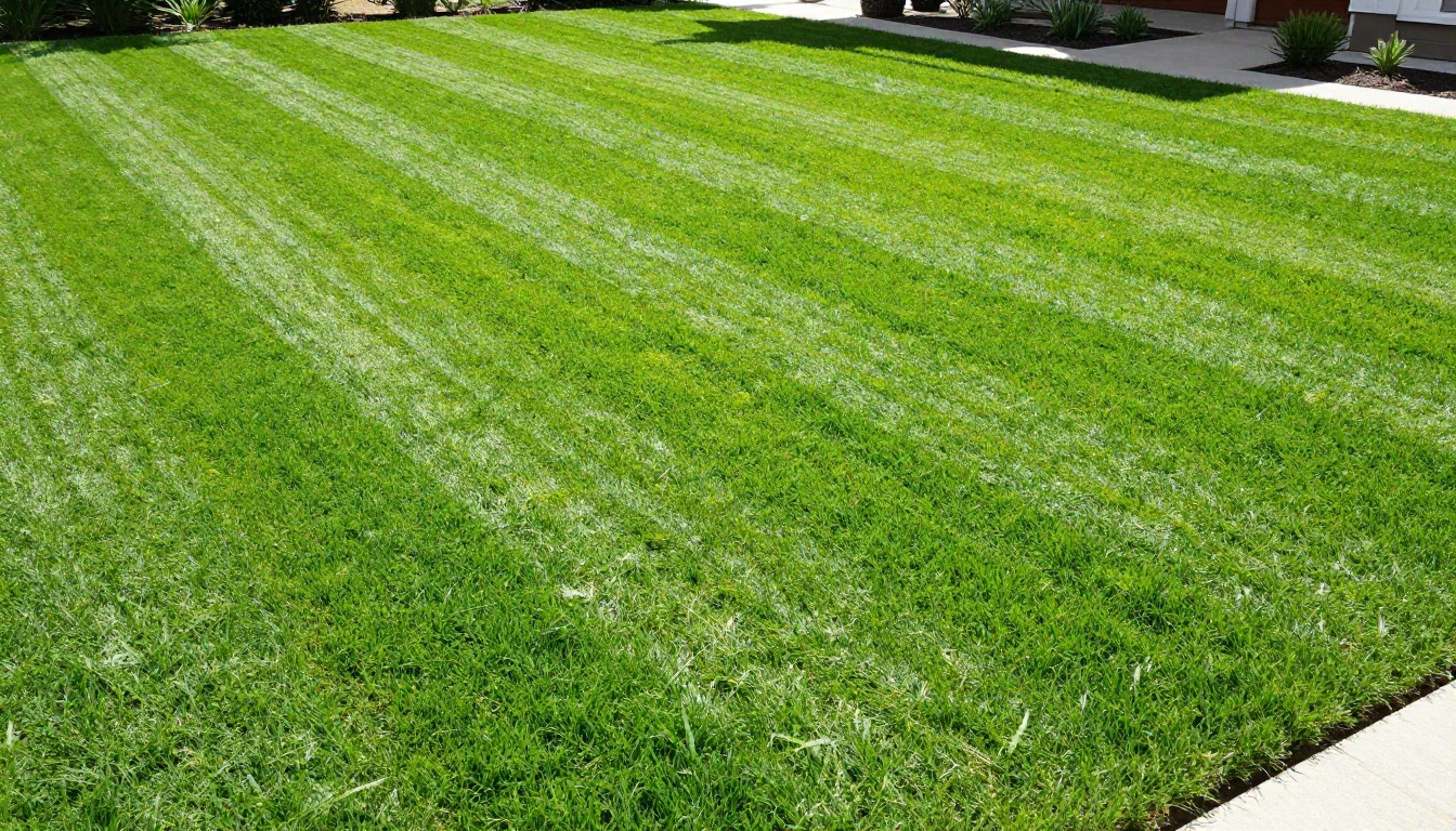 Meticulously mown striped lawn in morning sunshine