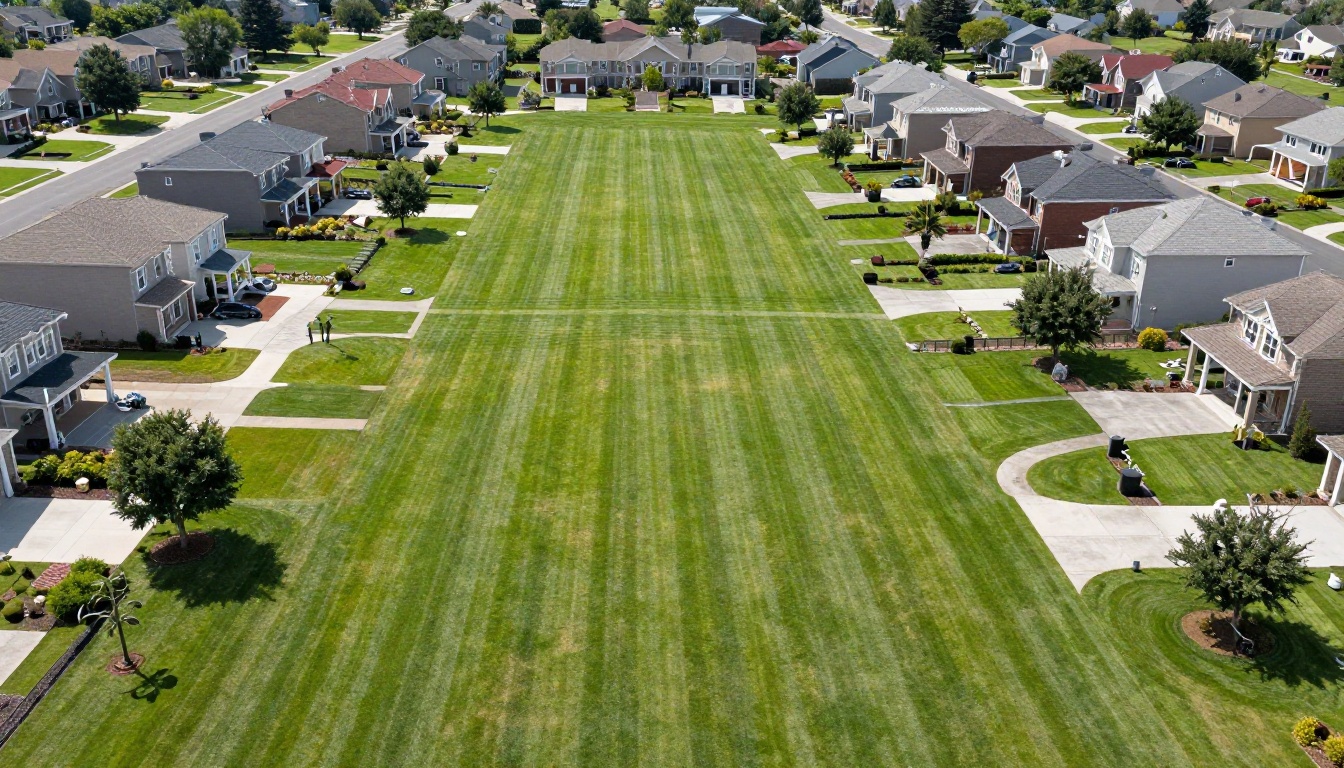 Aerial perspective of lush suburban lawns serviced by Greenline