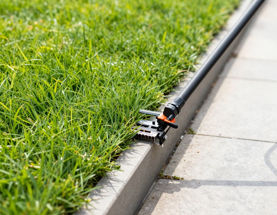 Close-up of clean lawn edge along stone garden pathway